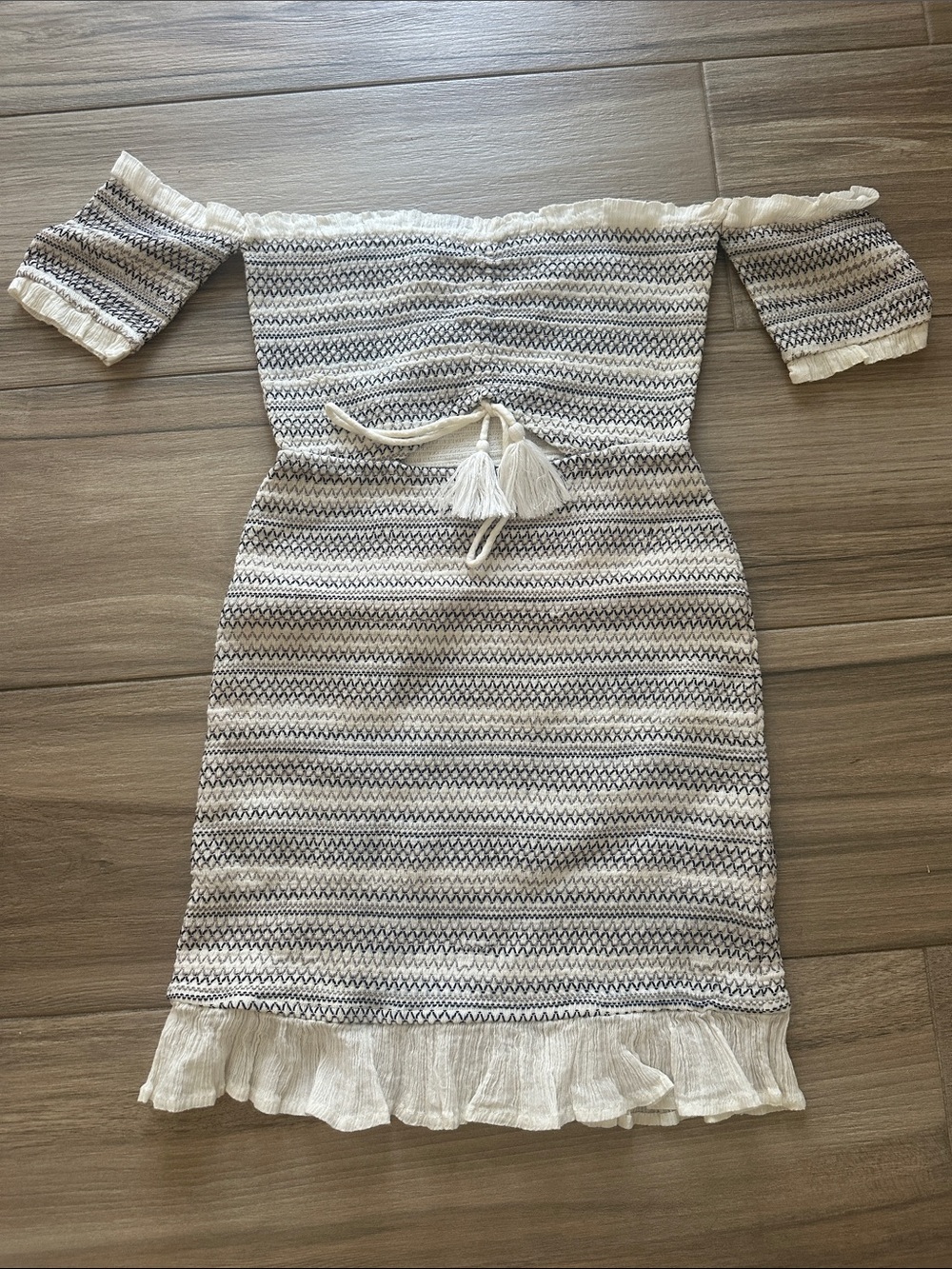Off-Shoulder Cream & Navy Stripe Summer Dress